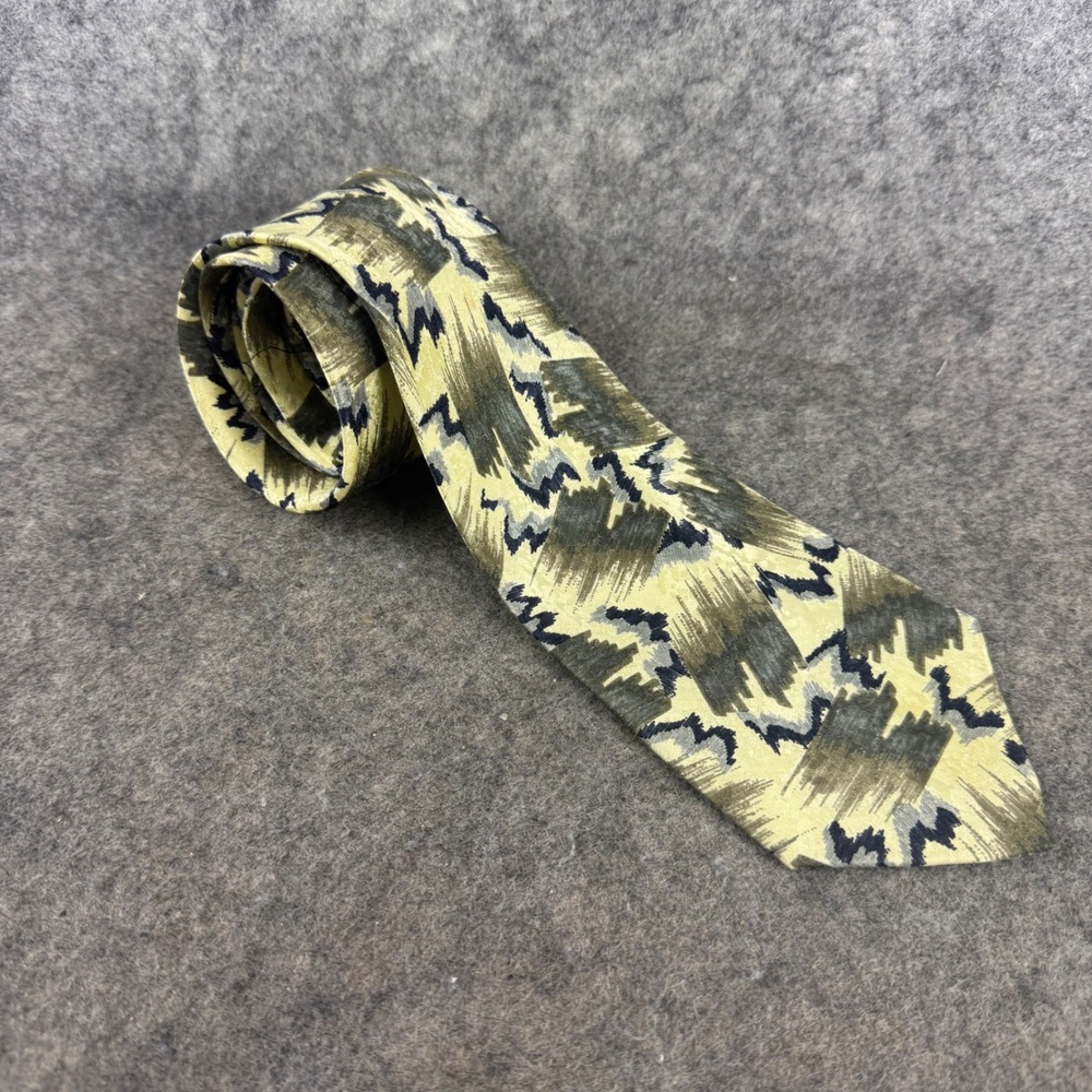 Bachrach Mens Silk Necktie Made in Italy Abstract Geometric Green Yellow Navy